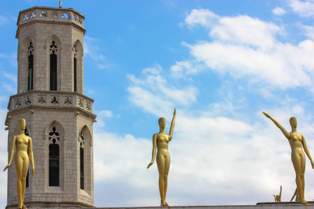 Golden statues against blue sky.July, 2017. Salvador Dali Museum Figueres, Spainのeditorial素材