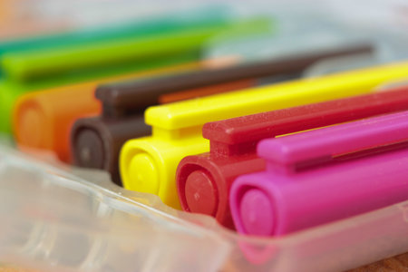 Multicolored felt-tip drawing pens close-up and blurred background.To school.の写真素材