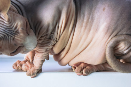Cat of breed Canadian Sphynx sitting on a white windowsill. Thick