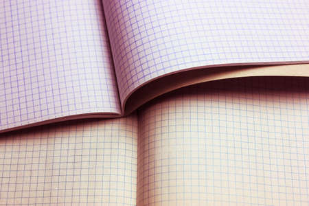 Blank notebook pages background flatly. Opened notepad notebook with a checkered sheets. Vintage looking blank sheet in a cage from the school notebook. Study and business supplies. High quality photoの写真素材