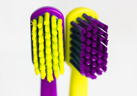 Two plastic multicolored toothbrushes on a white background. Extreme macro close-up of a toothbrush with purple and green bristles. Bright colorful soft toothbrushes for a couple. Dental care concept.の写真素材