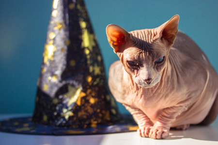 Bald gray Canadian Sphynx cat sitting near black witch's hat with golden stars on white table. Funny kitty in modern interior. Halloween accessories, party concept. Pretty pet indoors. Autumn holiday.の写真素材