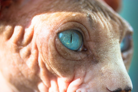 Beautiful blue eyes of gray Canadian Sphynx cat. Wrinkled skin of a bald naked cat. Feline pet muzzle up close. Look, attentive concentrated gaze. World Cat Day. Unusual hypoallergenic animal at home.の写真素材