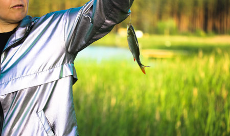 Fisherman, fisherwoman holds in hand a freshly caught small carp fish on a hook on a fishing line,...