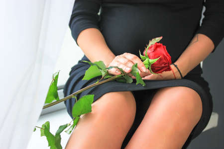 Pregnant woman in a black dress with a rose in hands. Motherhood. A large belly.の写真素材
