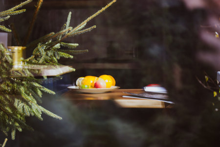 Cozy home atmosphere. View of the interior of room or kitchen inside the outside of a house in a...