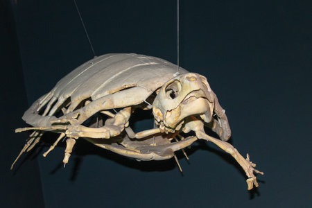 White skeleton bones of a large turtle on a black background. Marine and land turtles Chelonioidea hanging from a ceiling in the Paleontological Museum. Zoology, Biology concept. Animals of Greece.の写真素材