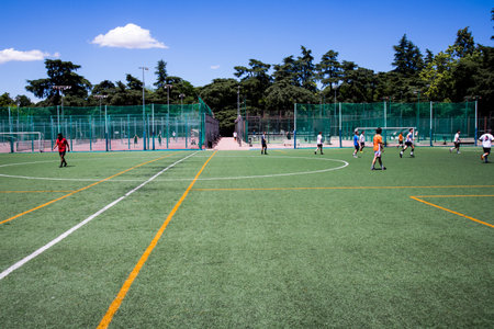 Madrid, Spain. June 1, 2022. Soccer field with green grass, markings for soccer players who play soccer. Training before the championship. Players at the stadium on a summer sunny day. sport stadium.のeditorial素材
