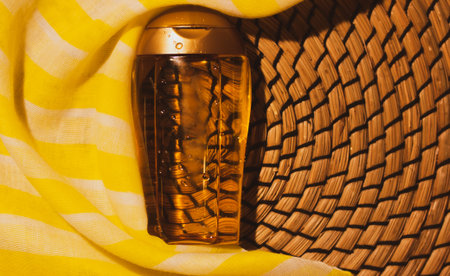 Body SPF skin protection oil from tanning, after tanning on rattan background, yellow textile scarf....