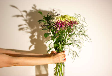 Beautiful bouquet with different flowers, chrysanthemums in vase in women's hands on white background with contrast shadows. Floral arrangement for congratulating on a holiday, anniversary, birthday.の写真素材