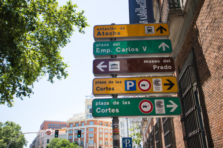 Madrid, Spain. June 1, 2022. Signpost with the sights of the Spanish capital against green trees in summer city. Navigation in big town, megapolis. Signpost to Plaza de las cortes, Atocha station.のeditorial素材