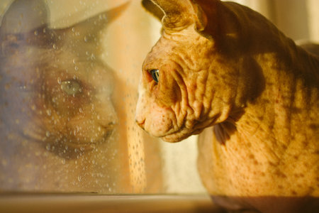 Bald Canadian Spynx cat muzzle in warm sunlight looking away sitting on windowsill looking out a...