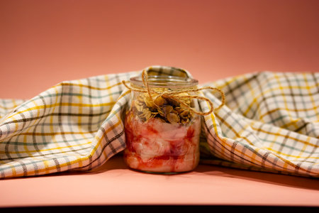 Strawberry yogurt with granola, muesli in a glass jar on a pink background in a rustic kitchen. A healthy tasty dry breakfast. Still life with dairy food product and a flounced checkered towel.の写真素材
