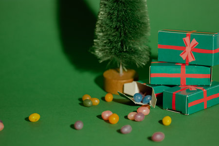 Green New Year 2023 background with decorative pine tree, gifts boxes. christmas toys. Stylish winter vacation wallpaper Greeting Card. Merry Christmas. Sweet multicolored candies scattered on a tableの写真素材