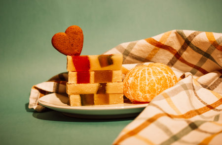 Marzipan turrone on plate, checkered kitchen towel on a green emerald background. Spanish dessert...