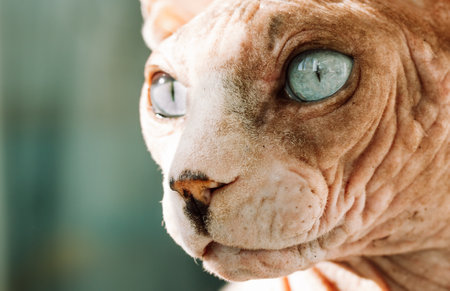 Beautiful gray bald Canadian Sphynx with blue eyes. A sphinx cat is looking into a distance. Curious pet is hunting or dreaming with a surprised expression. Hairless animal muzzle portrait. copy spaceの写真素材