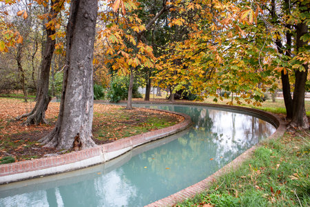 Artificial meandering river with blue water, lake pond in an autumn park. Landscaping in a city park, botanical garden. Autumnal landscape in Retiro Park, Madrid, Spain. Fall season with fallen trees.の写真素材