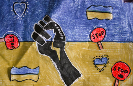 Madrid Spain. September 1, 2022 Children's drawing, DIY collage in yellow blue colors of Ukrainian flag depicting the struggle in a war with Russia. No war, stop war concept Support Ukrainian refugeesのeditorial素材