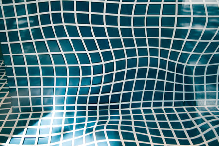 Square bathroom tile with winding straight lines irregular shapes. Blue small tiles for bath, floor,...