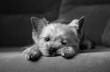 A small cute pretty purebred Yorkshire Terrier dog lying on a couch, sofa. Little puppy, doggy, lapdog in a cozy home. canine breed. Domestic animal resting napping indoors. black and white photo.の写真素材