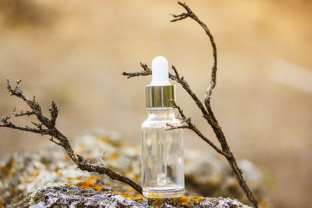 Empty decorative glass cosmetics jar with a dropper on a stone platform on a blurred natural beige background among dry branches. A cosmetic product serum to care for the skin of the face of the body.の写真素材