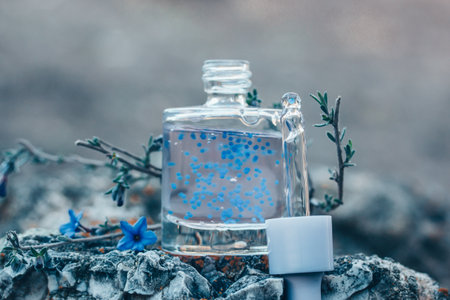 Cosmetic bottle with facial serum. Glass jar with a dropper. Blue cuticle oil with pellets has lavender scent. beauty treatment concept. anti aging products. Alternative medicine Copy space for textの写真素材