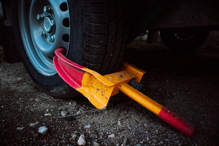 A clamp is used to secure a front wheel of the automobile during transportation, repair. Orange and red wheel blocker. A locker for a car, automobiles. unpaid parking. Booted vehicle on a city street.の写真素材