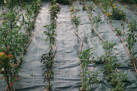 Mulching cherry tomatoes grown in a row in a vegetable garden bed. Cultivation and care of tomato green plants outdoors. Organic vegetables growing. Young fresh seeding in a greenhouse in summer day.の写真素材
