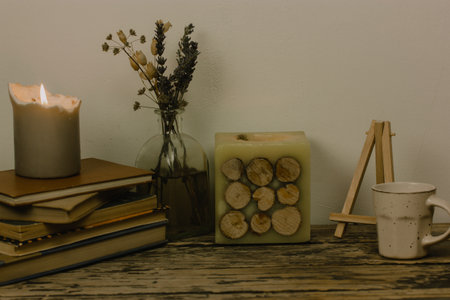 Stack of antique paper books, burning candle, cup, vase of dry wildflowers on wooden table. Nostalgic still life. Rural house interior details. Reading literature for study. Nostalgic wallpaper.の写真素材