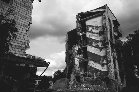 Borodyanka, Ukraine September 30, 2023 A brick wall destroyed by bombs and rockets fired by Russian...