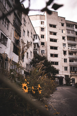 Borodyanka, Ukraine September 30, 2023 Residential buildings destroyed by Russian military War of Russia against Ukrainians. A residential building damaged by an enemy aircraft Russian bomb hit housesのeditorial素材