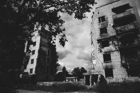 Borodyanka, Ukraine September 30, 2023 A brick wall destroyed by bombs and rockets fired by Russian...