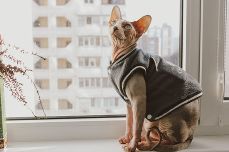 Bald Canadian Sphynx cat in a warm clothes is sitting on a window sill at home. Amazing stylish feline pet, domestic animal indoors. Dreamy cute kitty looking up dreaming about something.の写真素材