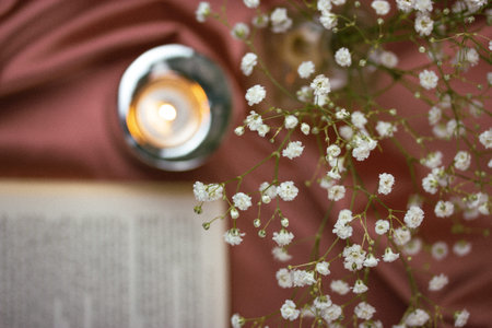 Candlelight reading in a cozy interior. Home decor, vase with white flowers in terra cotta silky...