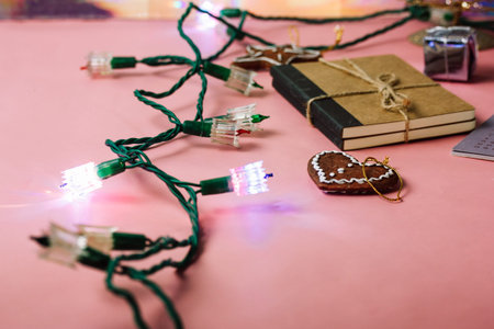 Old retro vintage green LED garland lights for Christmas tree. New year decor details. Festive...