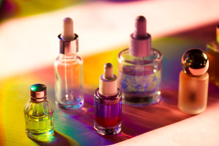 Row of small glass transparent cosmetic pipette bottles on a colorful rainbow background. Face and body massage oil products. Moisturizer facial cleanser. Cosmetic set on a table. Beauty industry.の写真素材