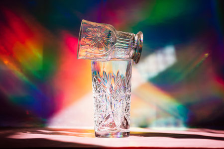 A pair of retro vintage faceted glasses on a multicolored rainbow background. Nostalgic drink ware...