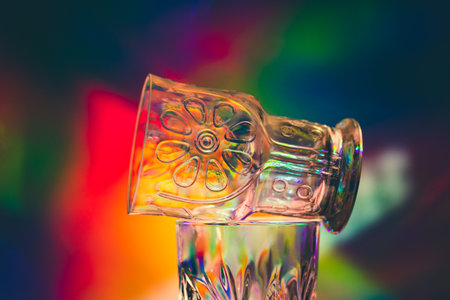 Faceted glasses on bright multicolored rainbow background. Nostalgic drink ware from 80s, 90s. Retro vintage party drink ware texture. Party drink.の写真素材