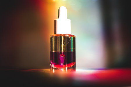 Glass cosmetic pipette bottle on multicolor rainbow light background. Decorative cosmetics on cosmetic table. Facial serum. No brand cosmetic product.の写真素材