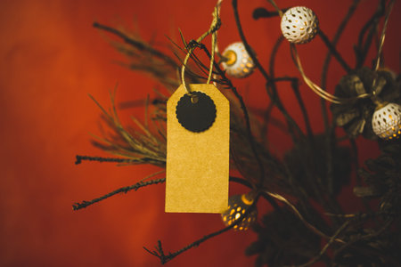 Handmade vintage price tag, label design mock-up and bouquet of dry pine branches, cones on red...