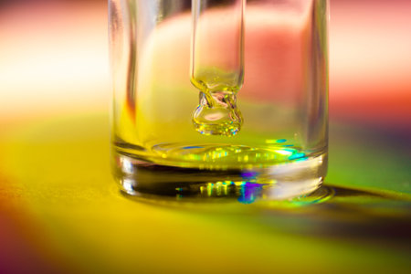 Empty transparent glass essential serum dropper bottle with pipette close up on light green red...