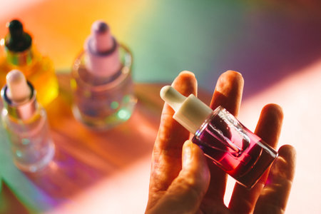 Glass cosmetic pipette bottle in a hand on a colorful background with cosmetic bottles. Moisturizer...