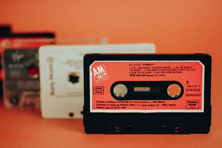 Madrid, Spain. January 2, 2024 Set of old vintage cassettes for tape recorder, record player....