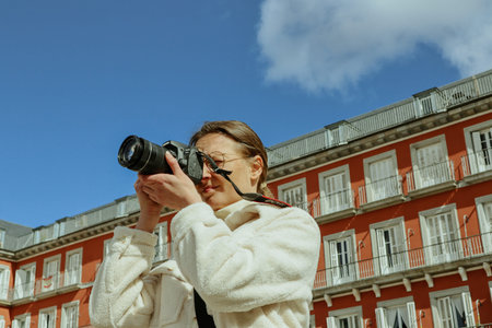 Madrid, Spain. 27 February 2024 A woman making photo. Traveller photographer.