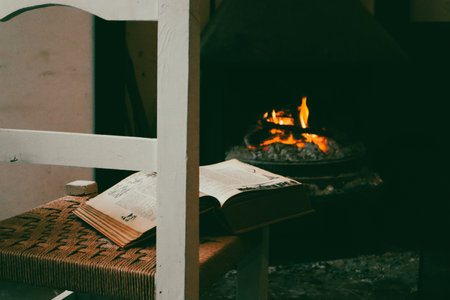 Madrid, Spain. 7 March 2024 Reading an old paper book from biology near to a fireplace with flaming fire. Warm dark cozy room. Rural house interior.のeditorial素材