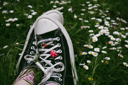 Madrid, Spain. 7 January 2024. Classic Converse sneakers on womens feet. Vintage shoes and green...
