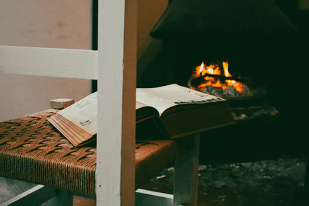 Madrid, Spain. 7 March 2024 Reading an old paper book from biology near to a fireplace with flaming fire. Warm dark cozy room. Rural house interior.のeditorial素材