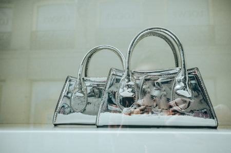 Two silver elegant fashionable women's leather bags, handbags in a store window, showcase. Boutique...