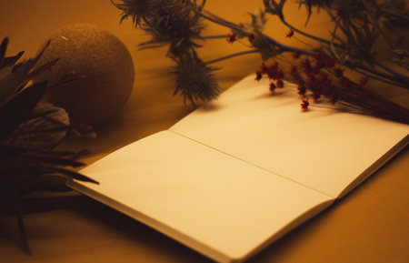 An open notebook on a table next to dried exotic flowers. Still life in dark key with a copybook on a brown background. Floral botanical plants.の写真素材