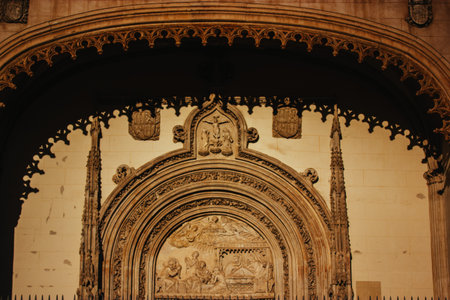 Madrid, Spain. May 1, 2024 The stone facade of San Jeronimo Roman Catholic Church. An ancient old landmark building pattern and texture, background.のeditorial素材